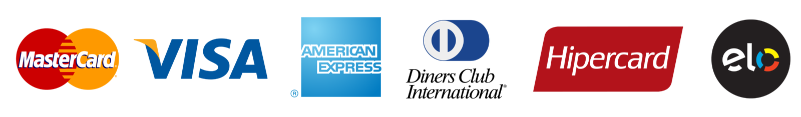 Mastercard, Visa, American Express, Diners Club, Hipercard e Elo