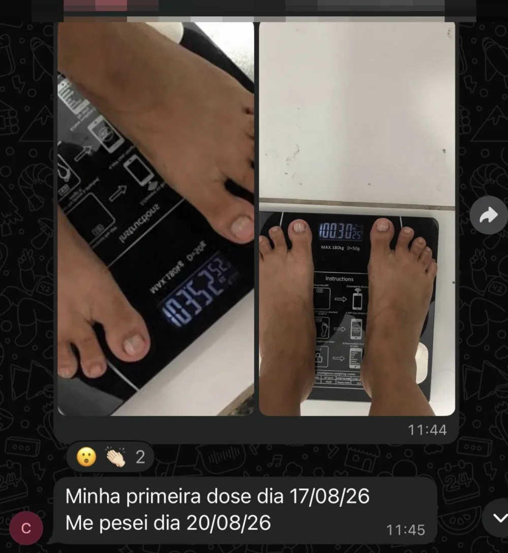 Print de cliente mostrando a balança antes e depois da primeira dose