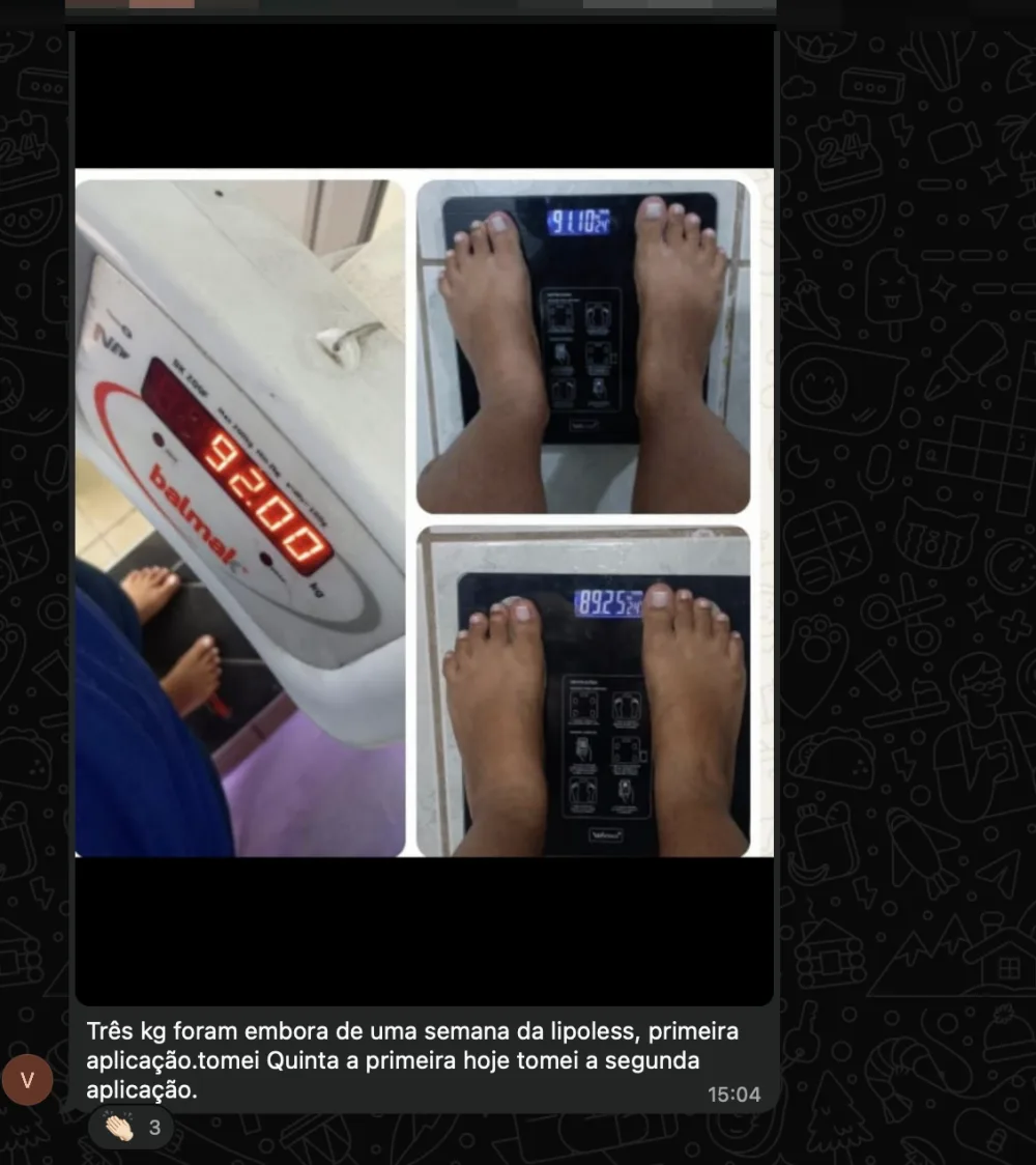 Print de cliente comparando o peso em duas balanças após uma semana