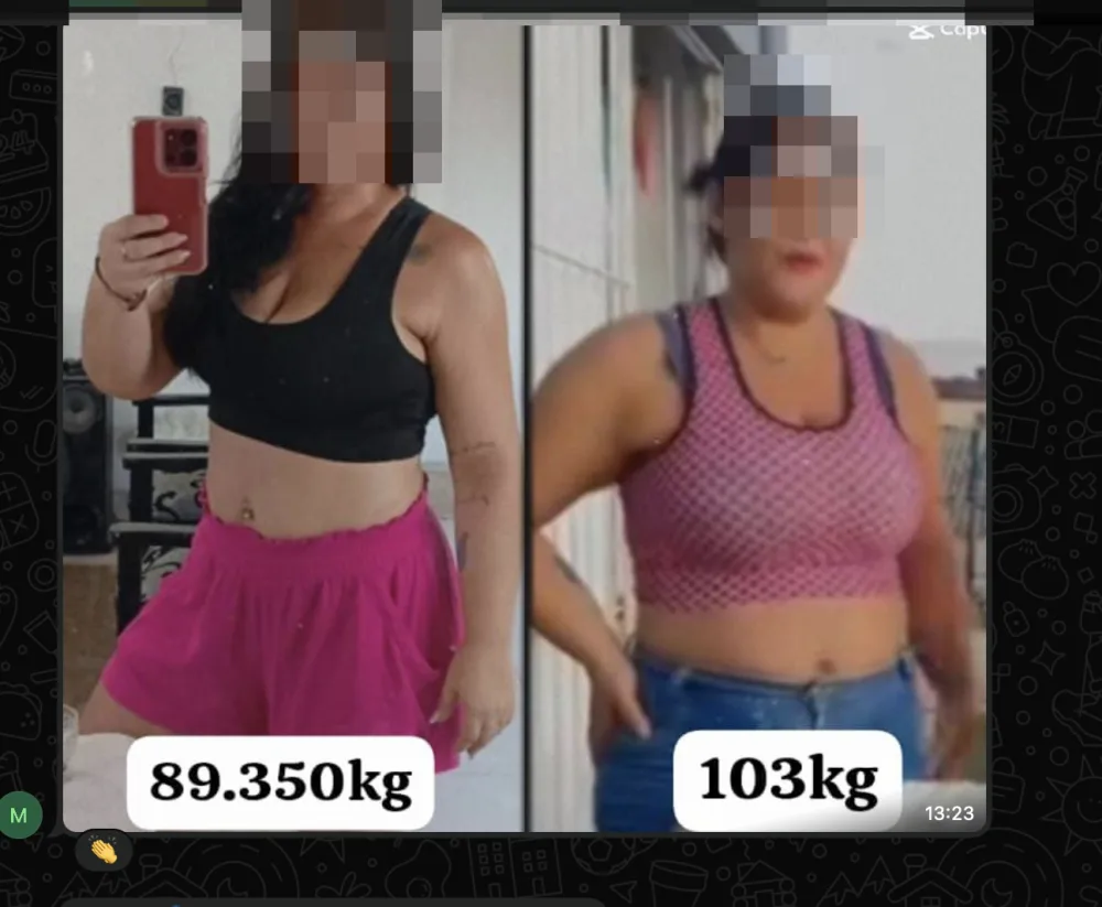 Print de cliente com comparação de peso de 103 kg para 89,350 kg